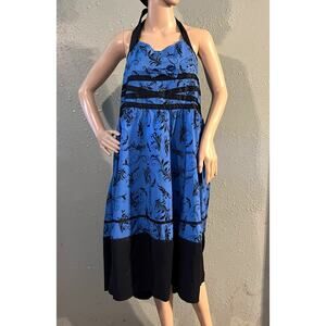 Women’s Blue & Black Floral Print Halter Midi Dress Fit and Flair 5X PTP 22"